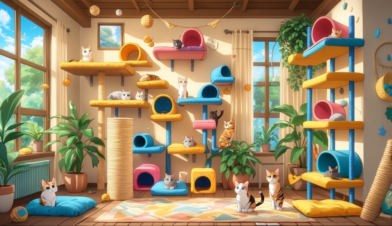 Indoor living room with wall-mounted climbing shelves where several cats are climbing and playing among cozy platforms and toys.
