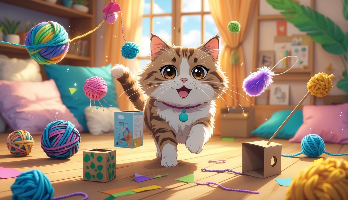 A playful cat interacting with seven handmade toys made from household items in a cozy indoor room.