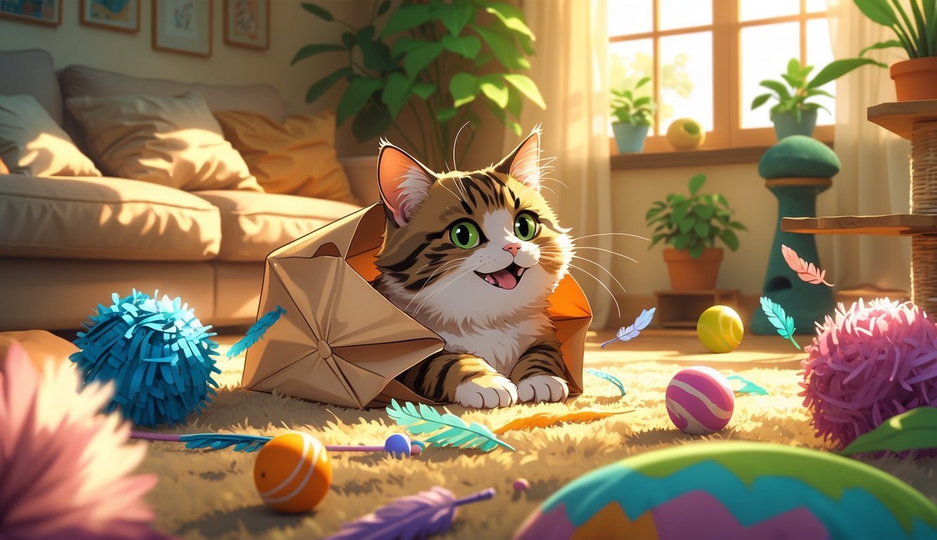 A cat playing hide-and-seek inside a paper bag in a cozy indoor room filled with cat toys and sunlight.