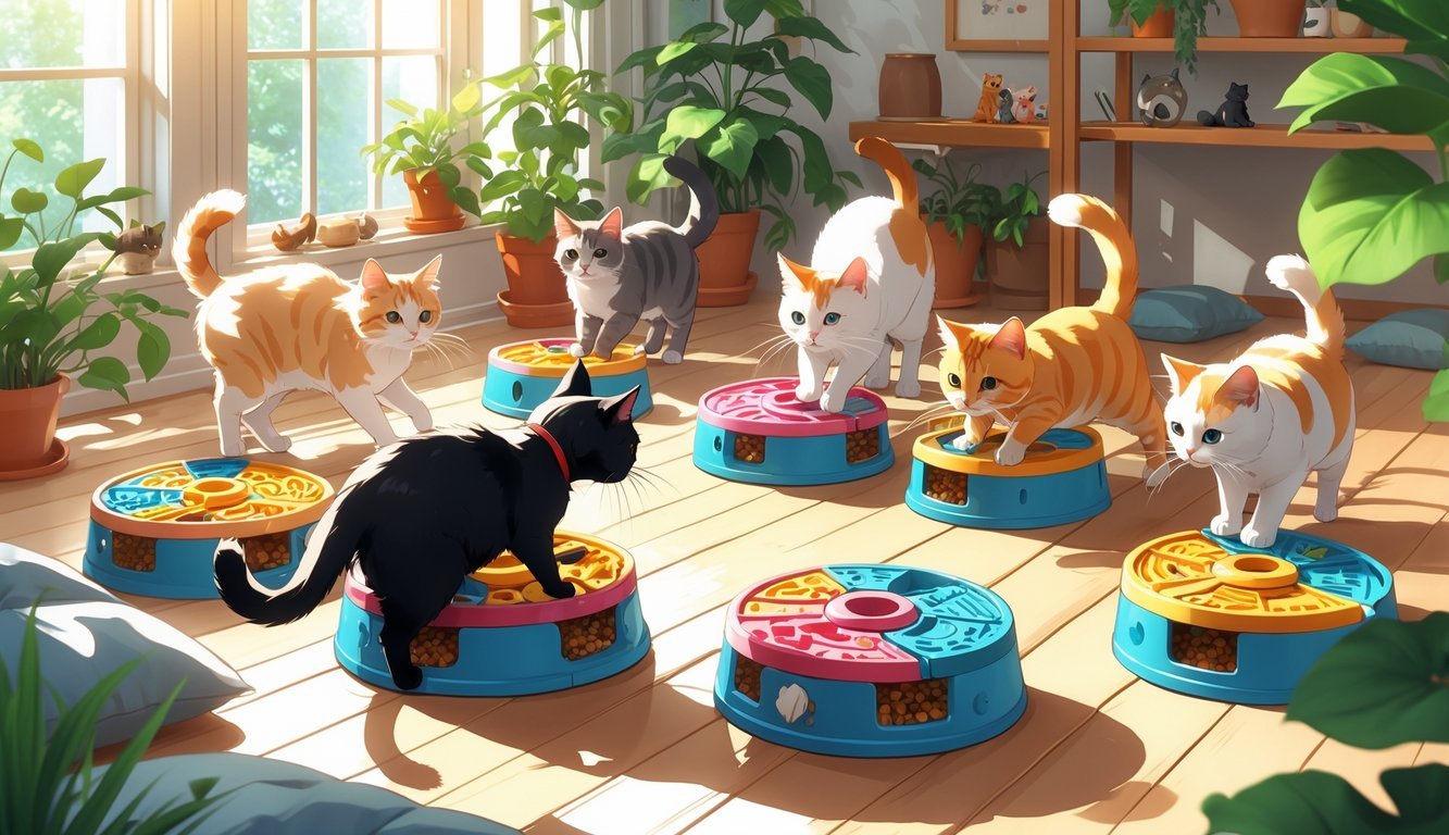 Several cats playing with rotating puzzle feeders in a bright, cozy indoor room filled with cat toys and plants.