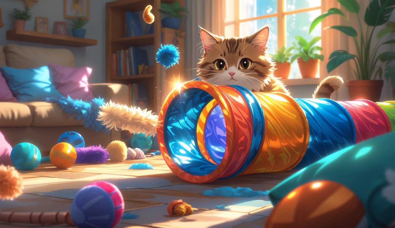A cat playing inside a colorful crinkle tunnel surrounded by various cat toys in a cozy living room.