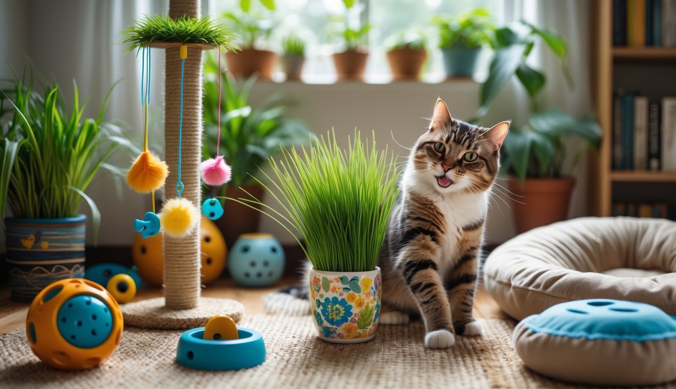 A happy cat playing indoors surrounded by cat-safe plants and various toys and enrichment items.