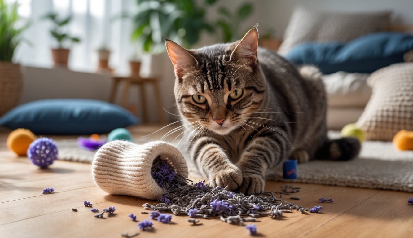 A cat playing with a sock filled with dried lavender on a wooden floor surrounded by indoor toys in a cozy room.