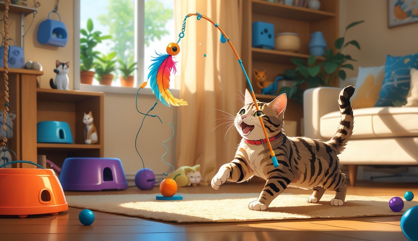 A cat playing indoors with a fishing pole teaser toy in a cozy room filled with various cat enrichment items.