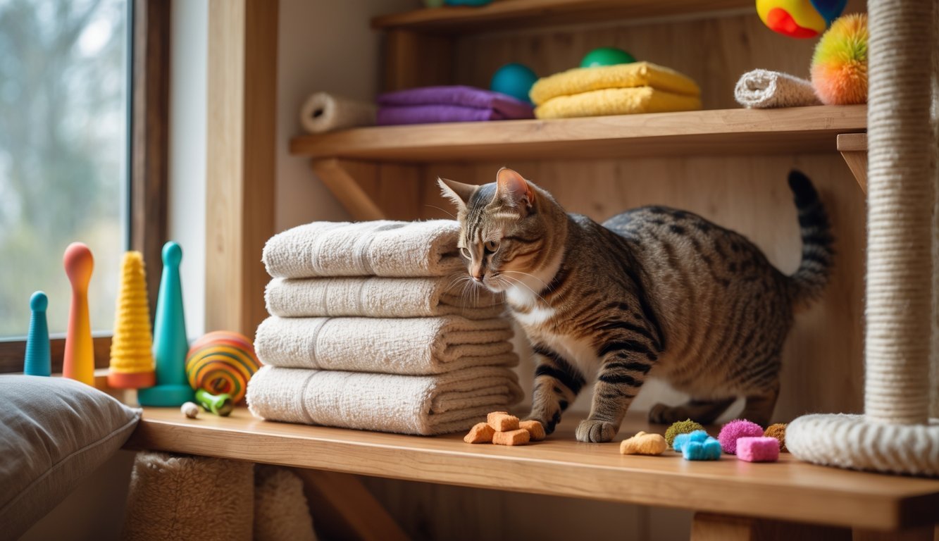 A cat exploring folded towels indoors, sniffing and pawing at them to find hidden treats.
