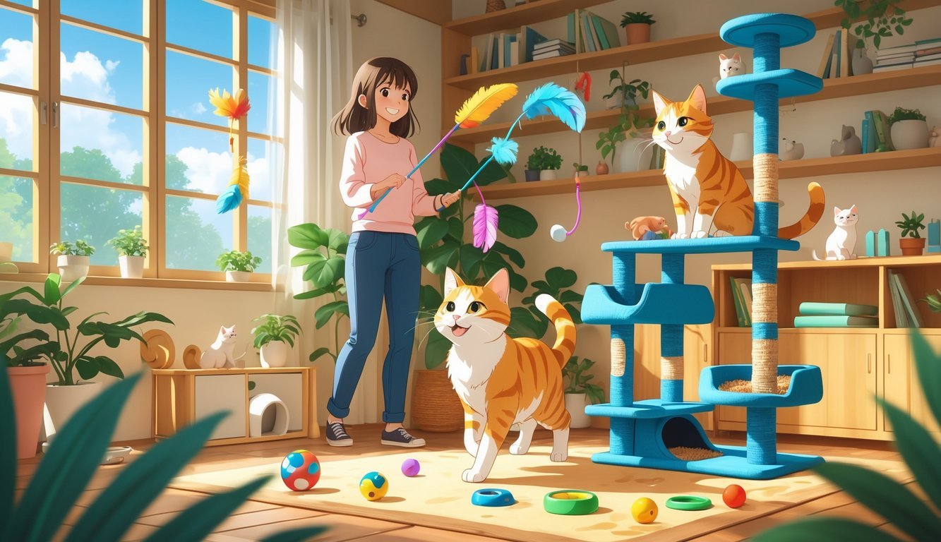 Two cats playing with toys and resting on a cat tree inside a bright, cozy room filled with plants and cat accessories.