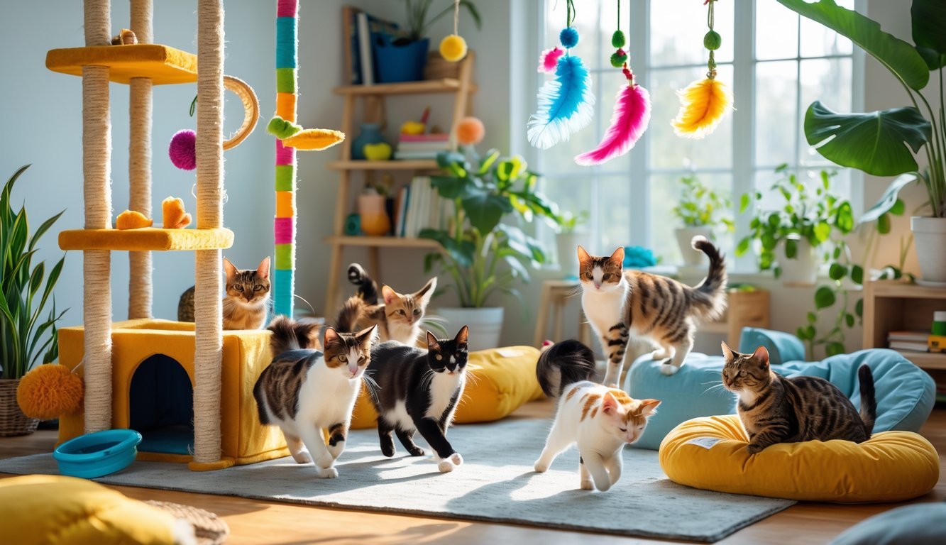 Indoor room with multiple cats playing, climbing, and resting among toys, cushions, and climbing structures.