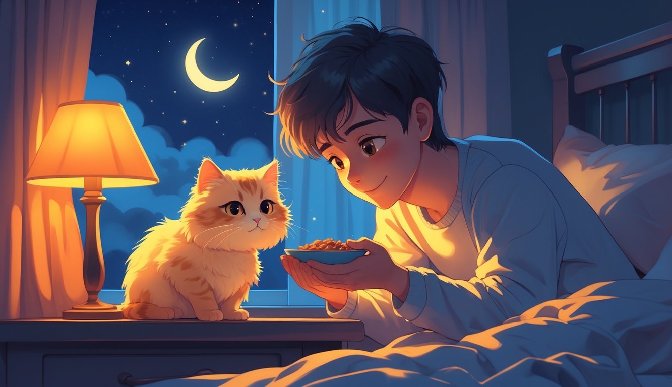 A person feeding a small cat a bowl of food by a bedside lamp in a cozy bedroom at night.