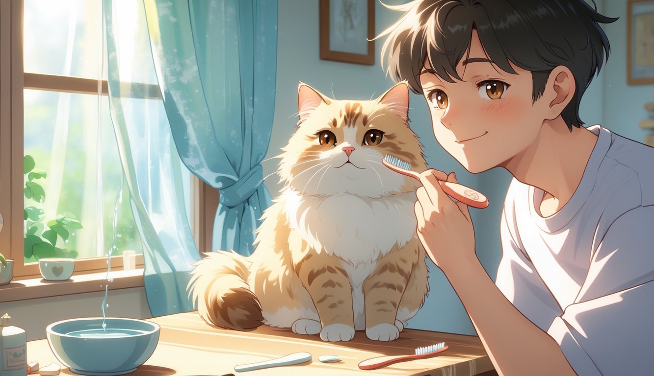 A person gently brushing a calm cat's teeth with a soft toothbrush near a sunny window in a cozy home.