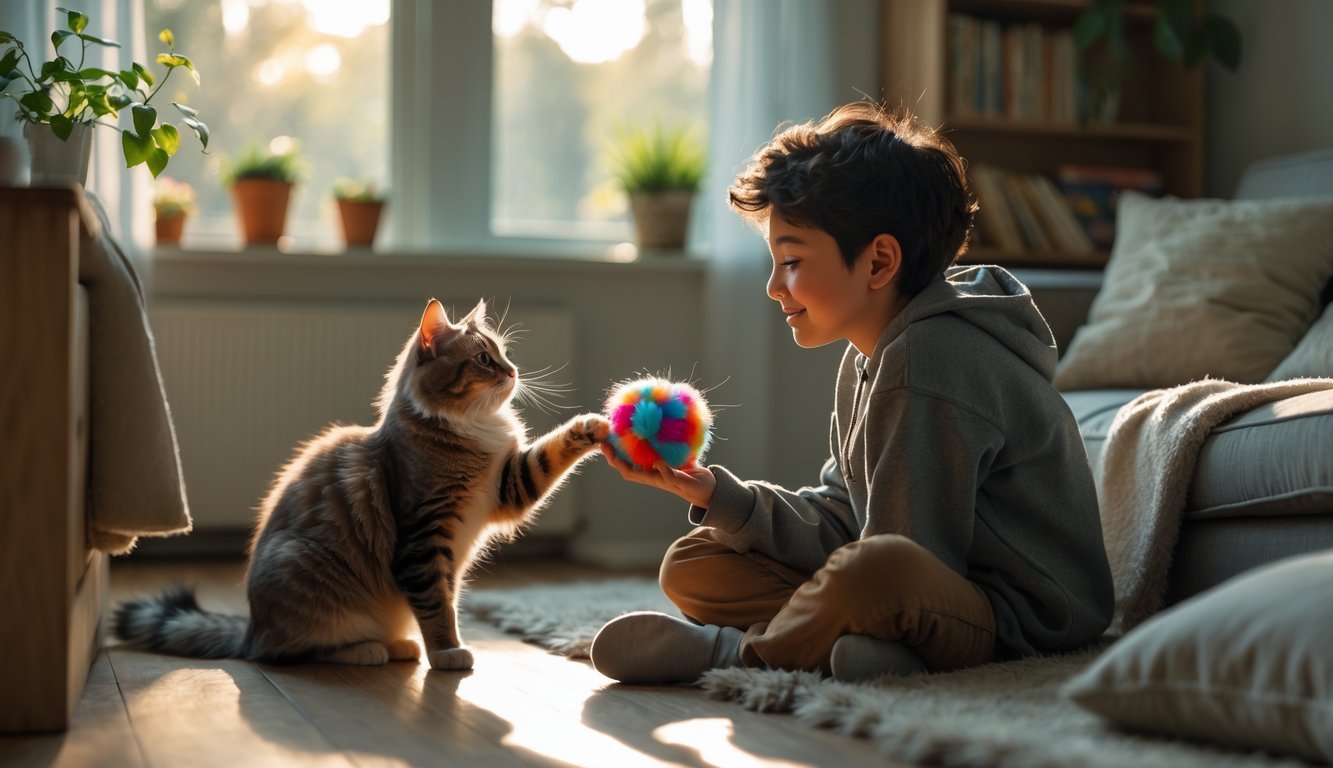 A person sitting on the floor playing with a small cat in a cozy living room with sunlight coming through the window.