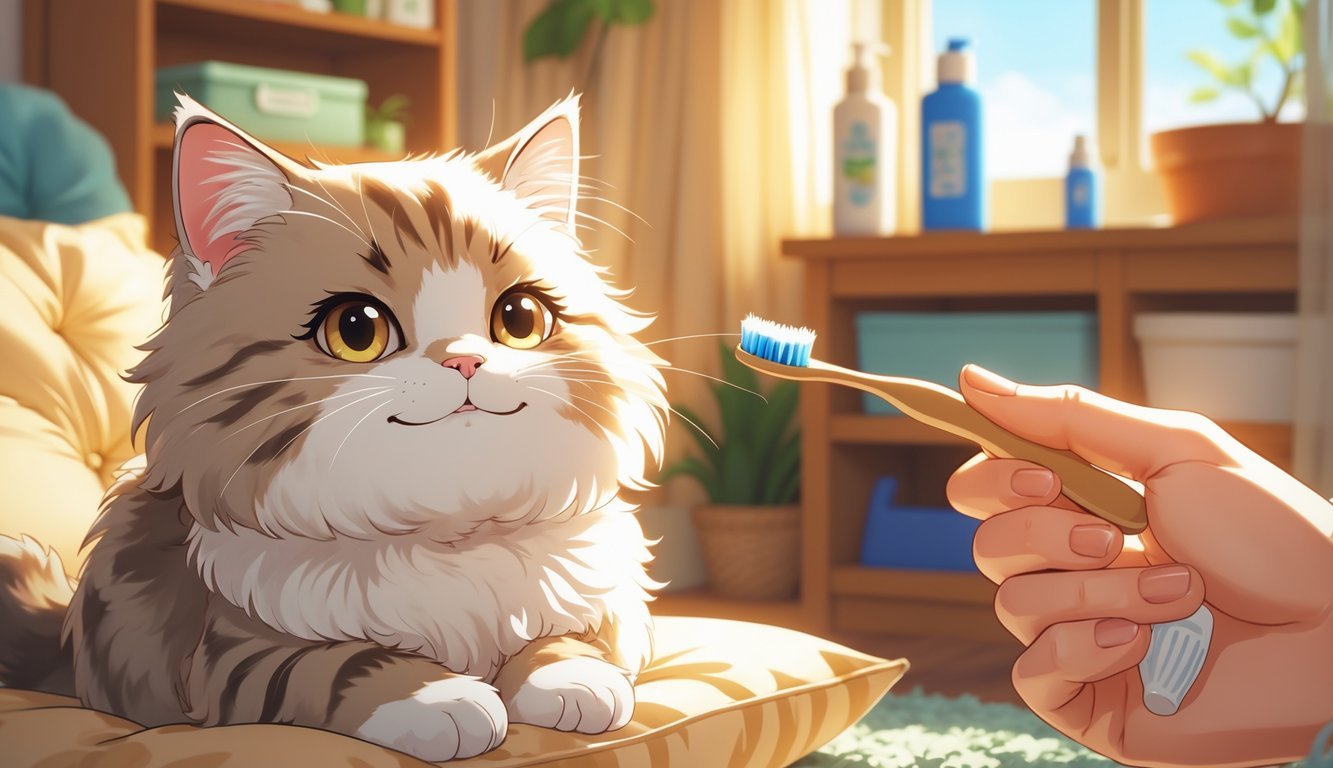 A cat sitting calmly on a cushion while a person gently brushes its teeth in a cozy room.