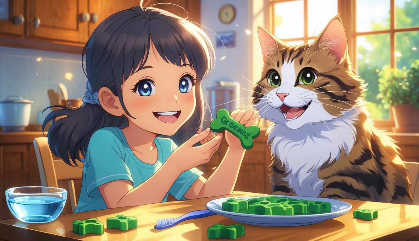 A girl sitting at a kitchen table offering a green dental treat to a happy cat with a healthy smile.