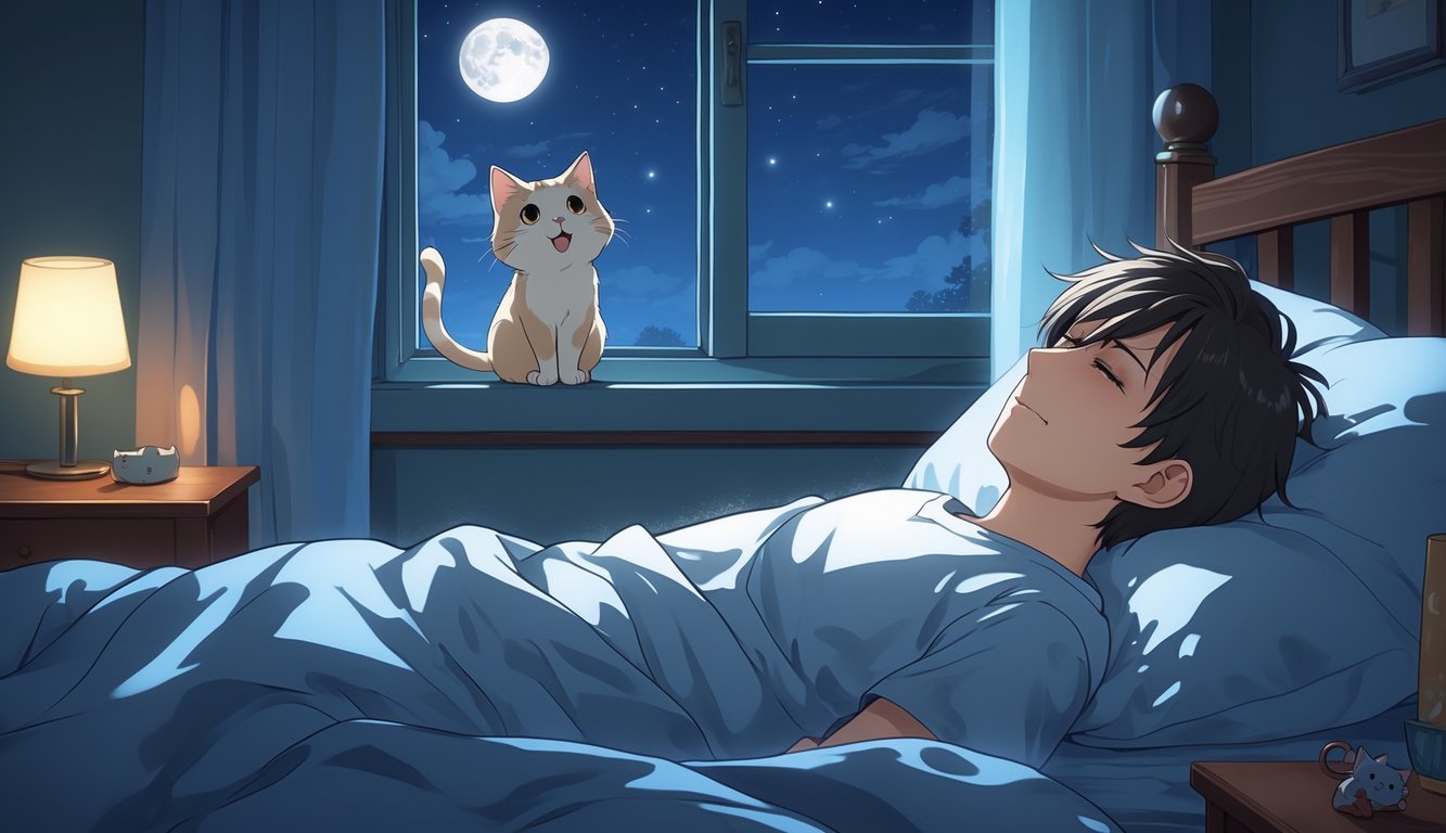 A person sleeping peacefully in bed while a small cat meows quietly on the windowsill at night.