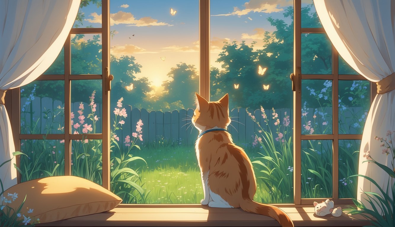 A cat sitting on a window perch looking outside at a garden with flowers and butterflies during sunset.