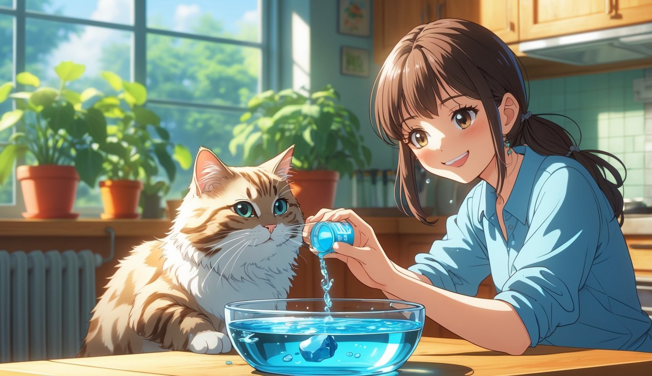 A young woman pouring water additive into a cat's water bowl while the cat drinks in a cozy kitchen.