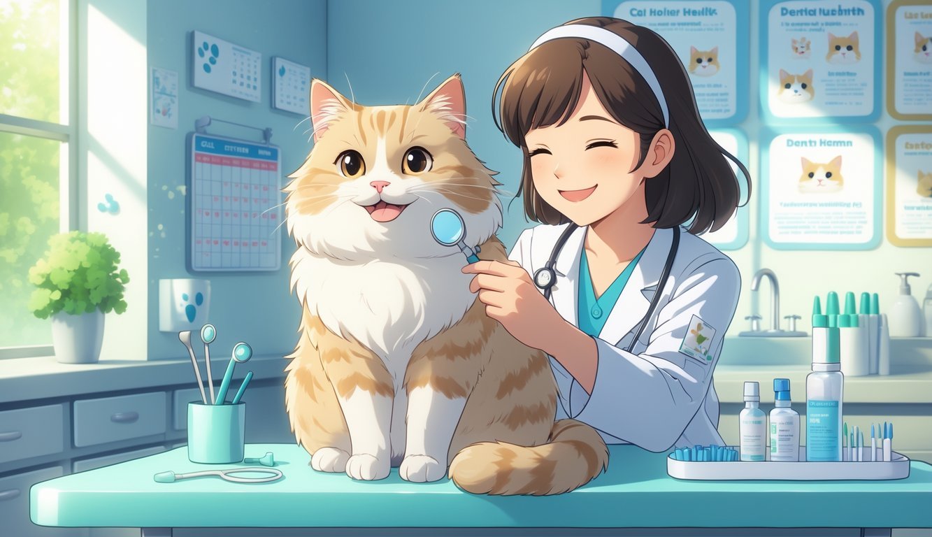 A veterinarian gently examining a calm cat's teeth in a bright veterinary clinic.