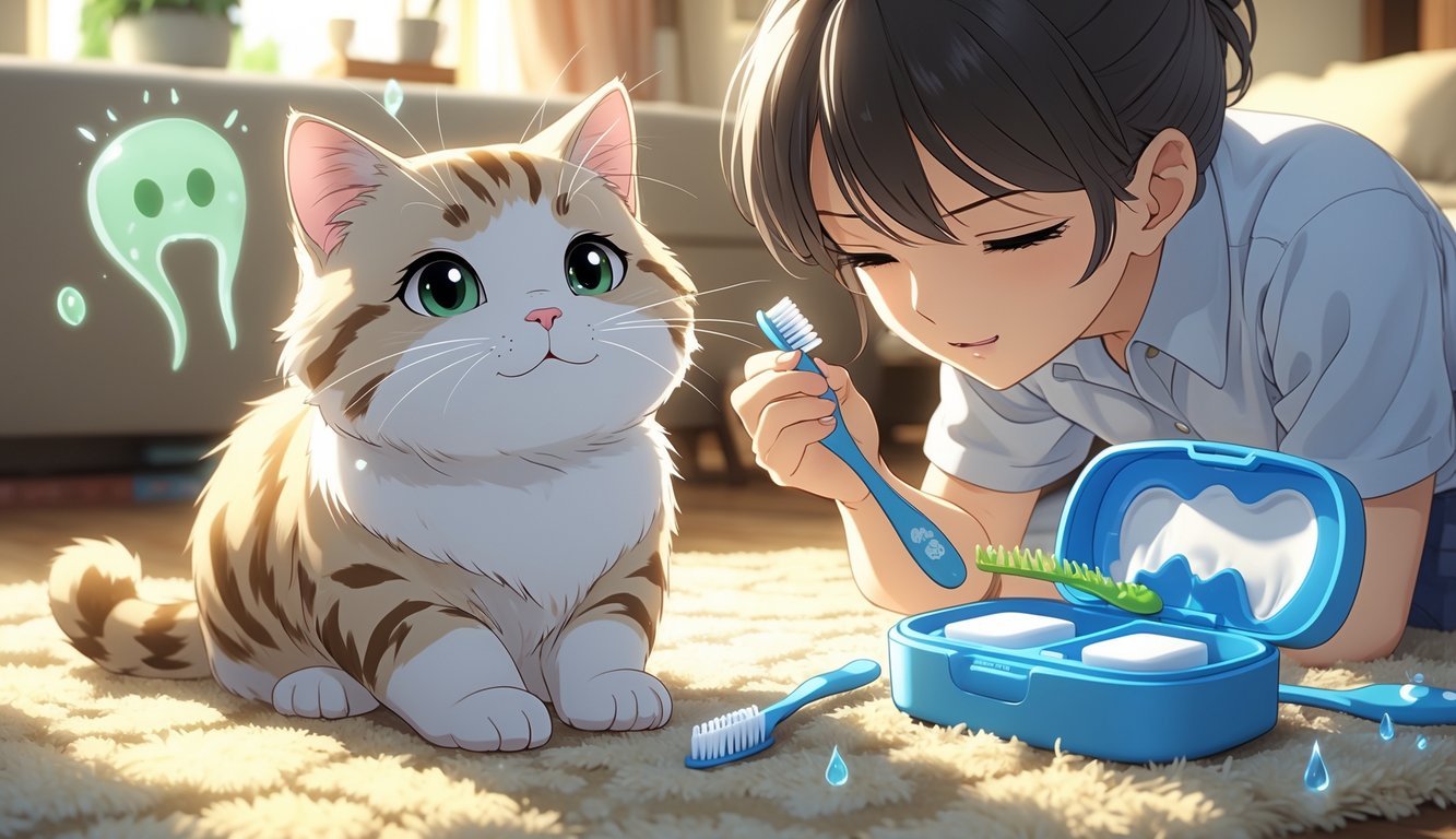 A person gently examining a happy cat's mouth next to a cat dental care kit in a cozy room, with subtle visual hints of bad breath and drooling in the background.