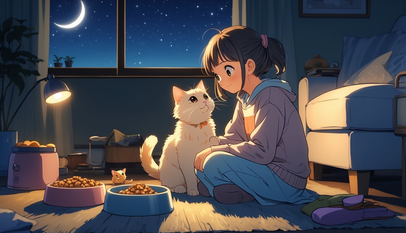 A girl sitting on the floor at night gently interacting with a small cat in a cozy living room with a food bowl and toys nearby.