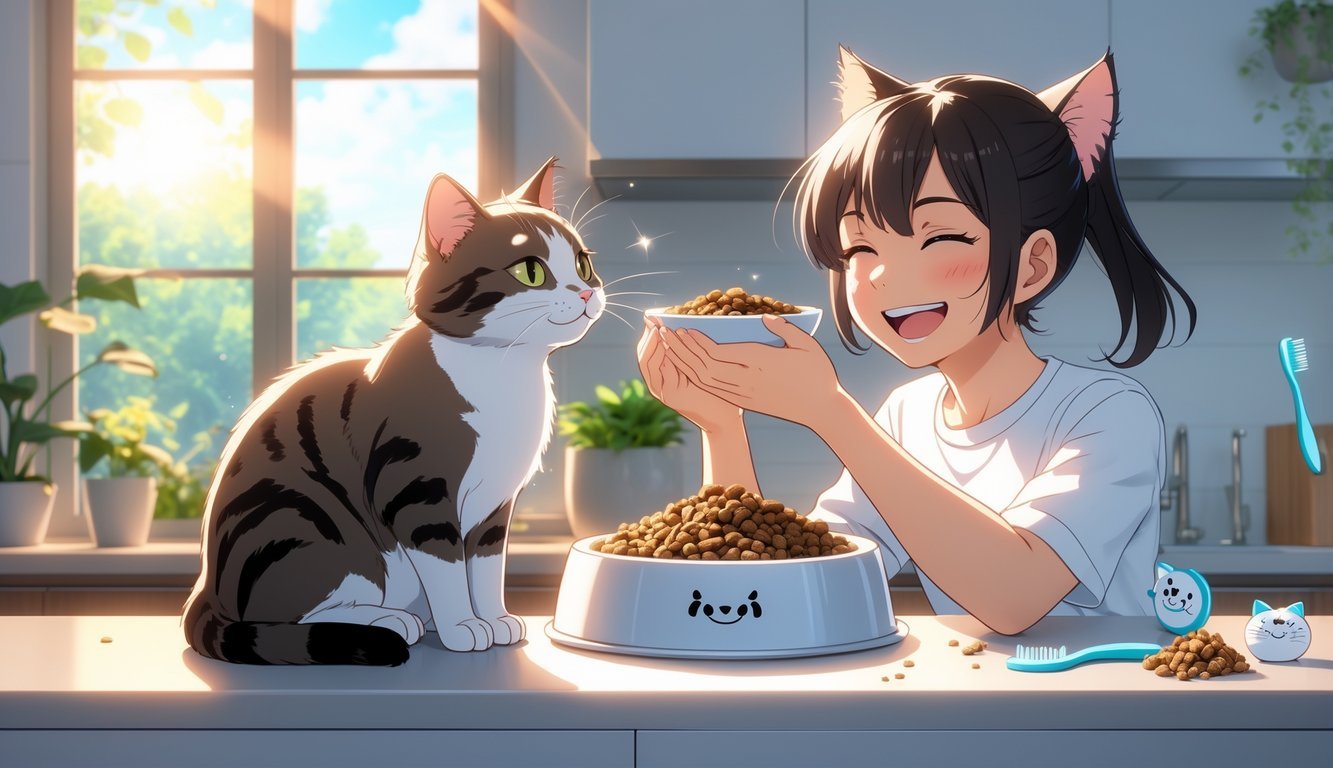 A person feeding dry kibble to a cat sitting on a kitchen counter with dental care items nearby.