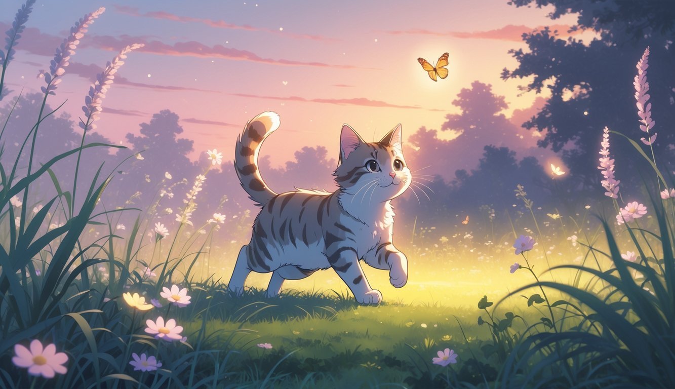 A cat playing in a garden during dawn or dusk, chasing a butterfly among flowers and tall grass with a colorful sky in the background.