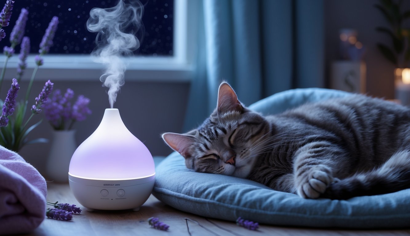A calm cat resting peacefully near a diffuser emitting gentle mist in a cozy room at night.