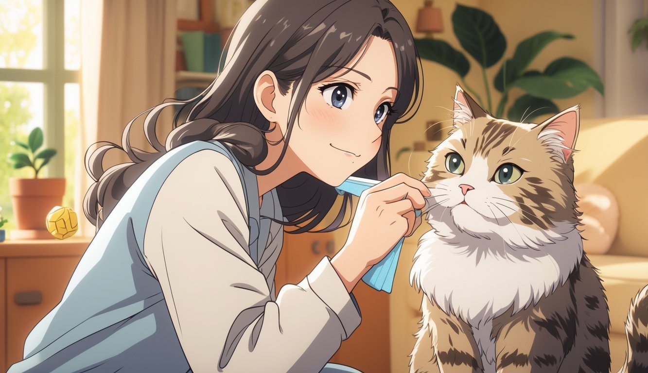 A young woman gently cleaning a cat's teeth with a dental wipe in a cozy living room.