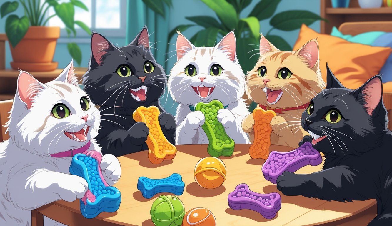 Several happy cats chewing on colorful dental chew toys in a cozy indoor setting.
