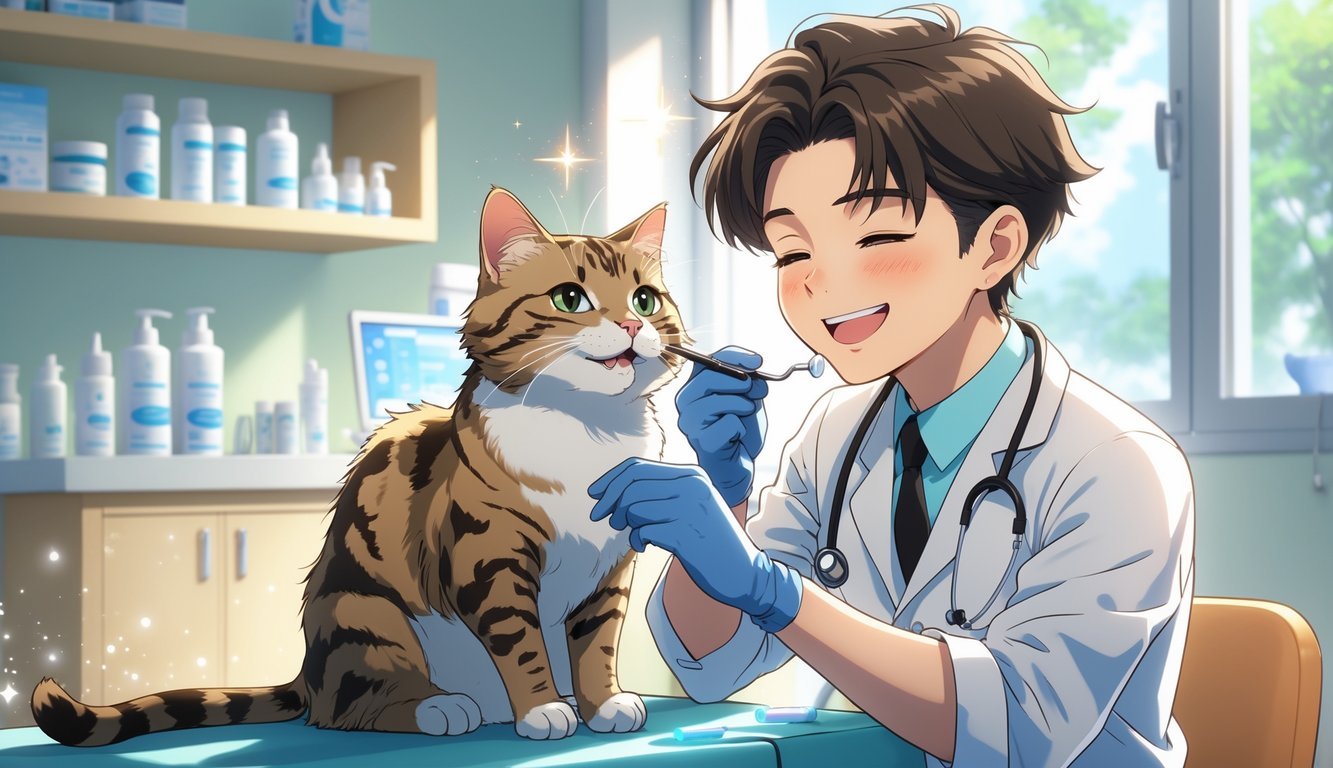 A veterinarian gently examining a cat’s teeth in a bright veterinary clinic.
