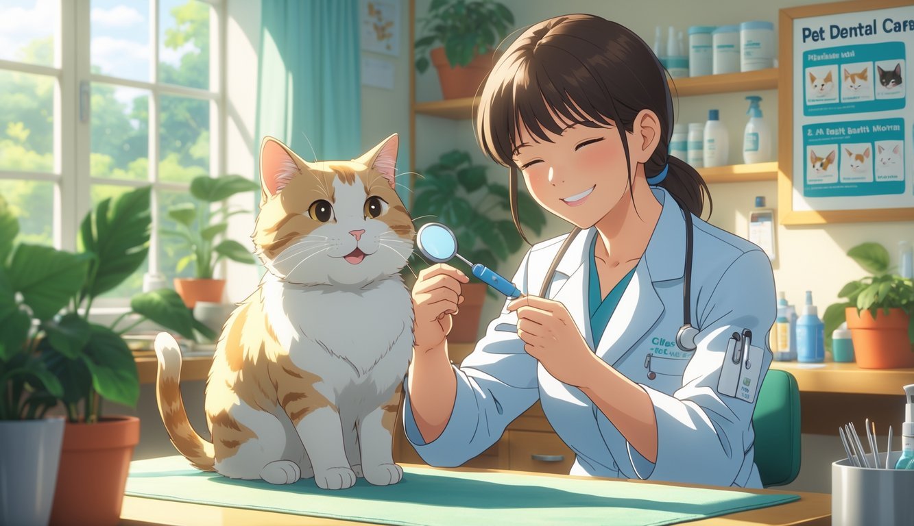 A veterinarian gently examining a cat's teeth in a bright clinic, with the cat sitting calmly on the table.