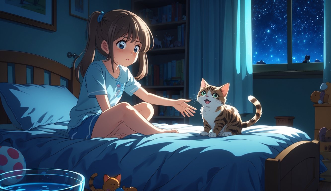 A girl sitting on her bed at night reaching out to a meowing cat beside her in a cozy bedroom.