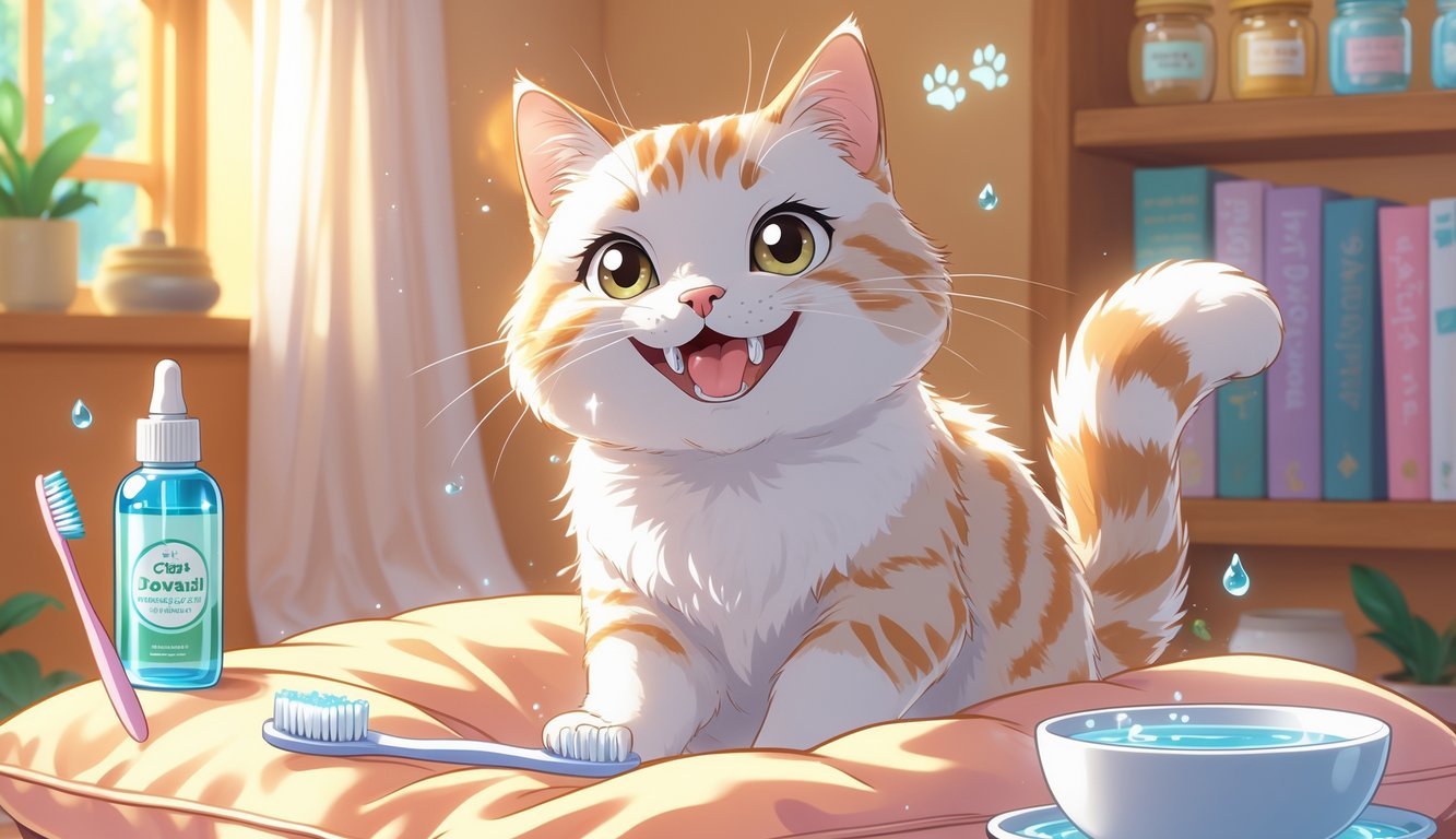 A happy cat sitting on a cushion in a cozy room, showing its clean teeth with dental care items nearby.