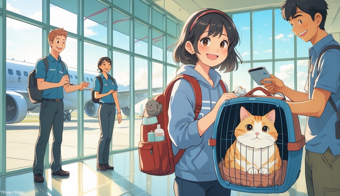 A traveler holding a cat in a pet carrier at an airport, with airline staff assisting nearby.