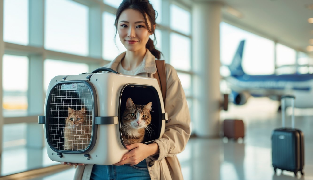 A woman holding a ventilated cat carrier with a calm cat inside at an airport terminal, preparing to travel.