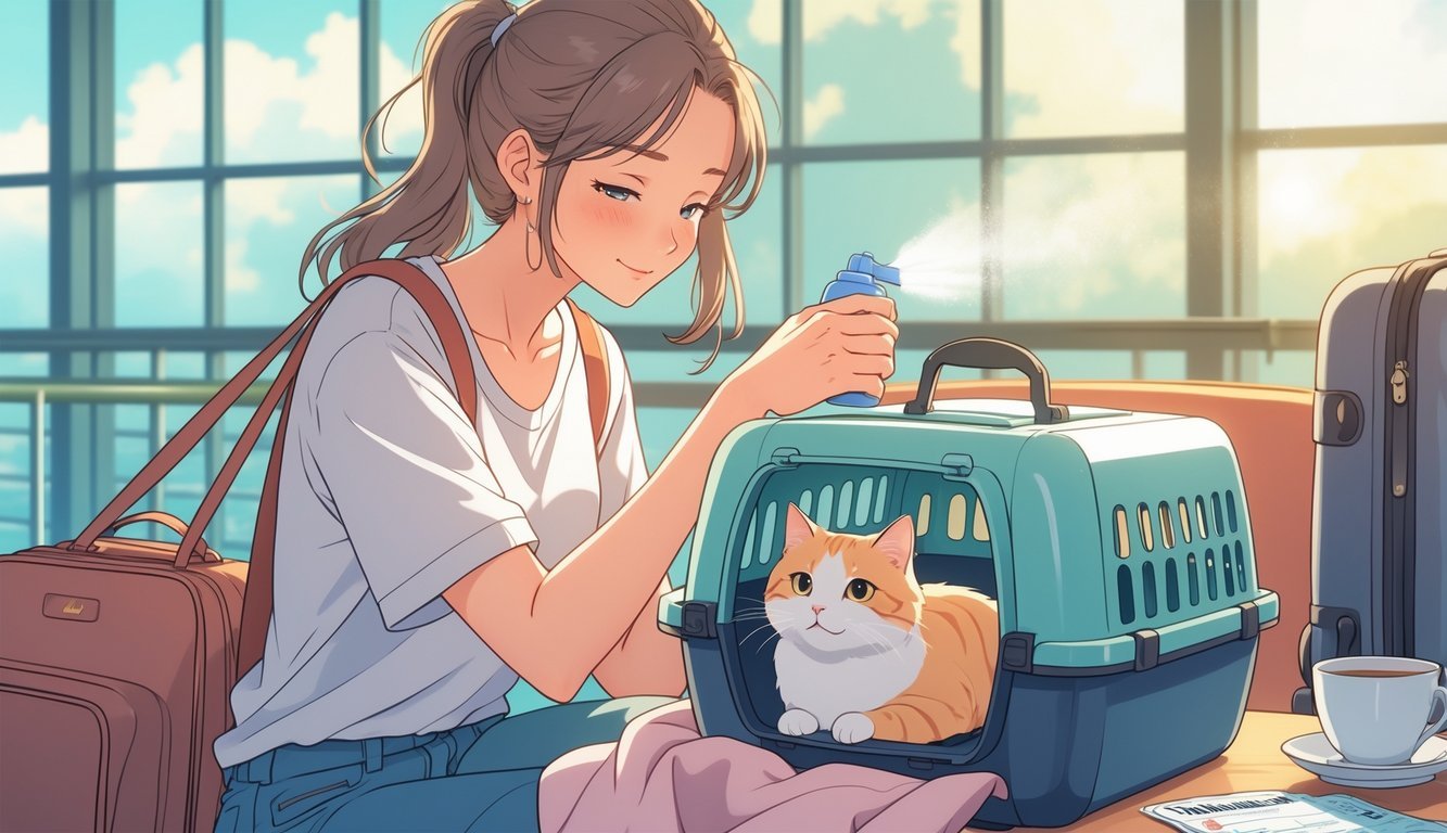 A young woman sprays a small cat carrier with calming spray at an airport lounge while the cat inside rests peacefully.