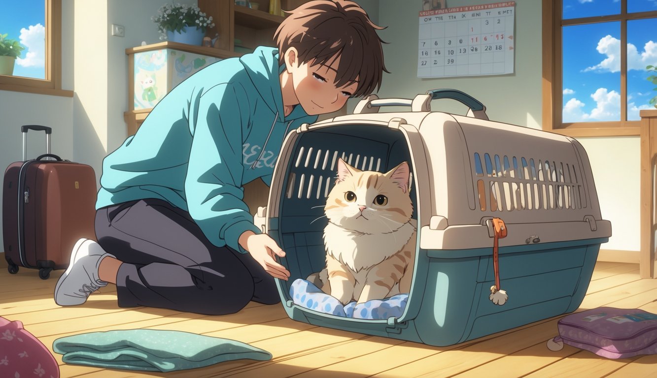 A person gently petting a calm cat sitting inside an open pet carrier in a bright living room, with travel preparations visible nearby.