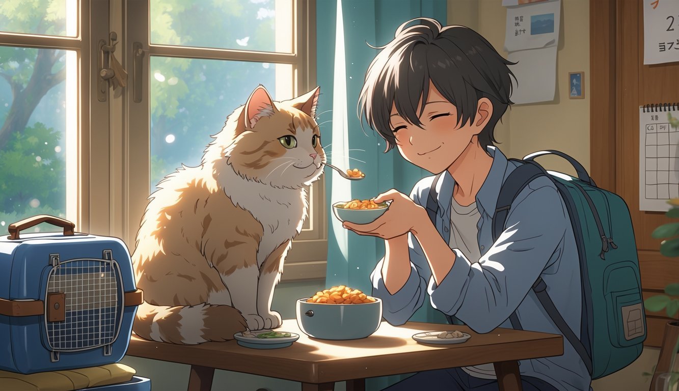A person feeding their cat a light meal indoors with travel items nearby, preparing for a flight.