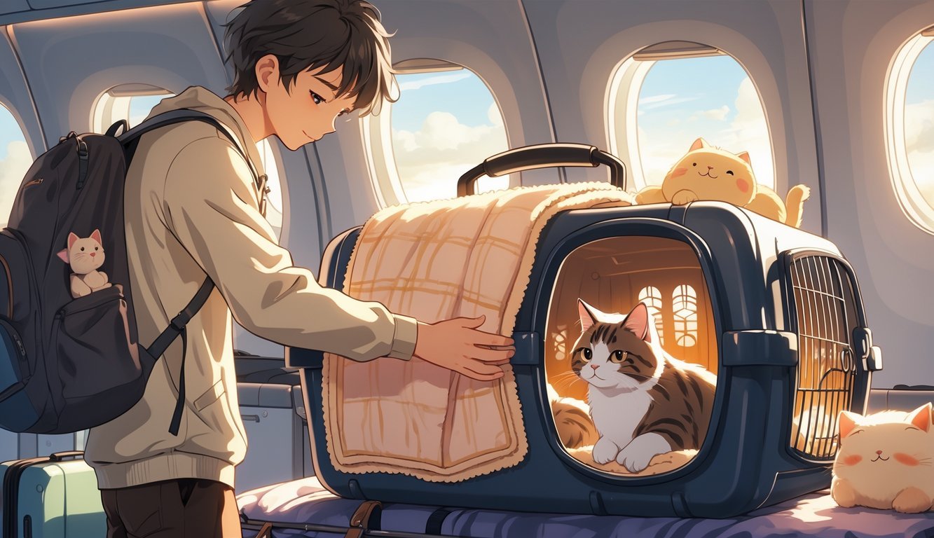 A person placing a soft blanket and a plush toy inside a cat carrier with a calm cat inside, preparing for travel.