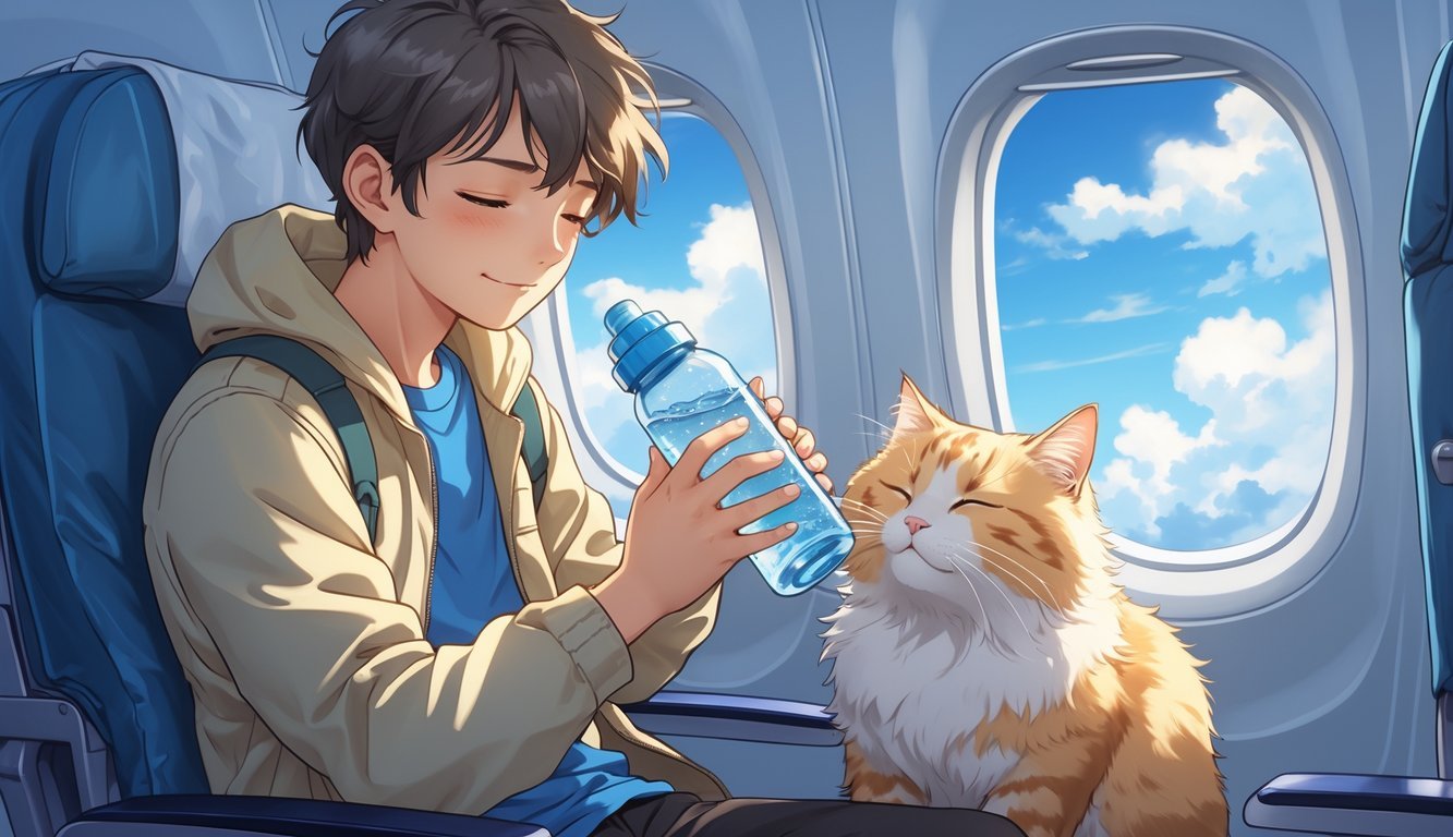 A young traveler holding a small water bottle while a cat drinks from it on an airplane, with a blue sky visible through the window.