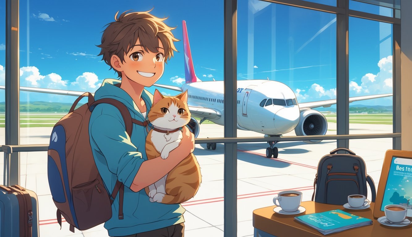 A traveler holding a calm cat at an airport terminal with an airplane visible outside the window.