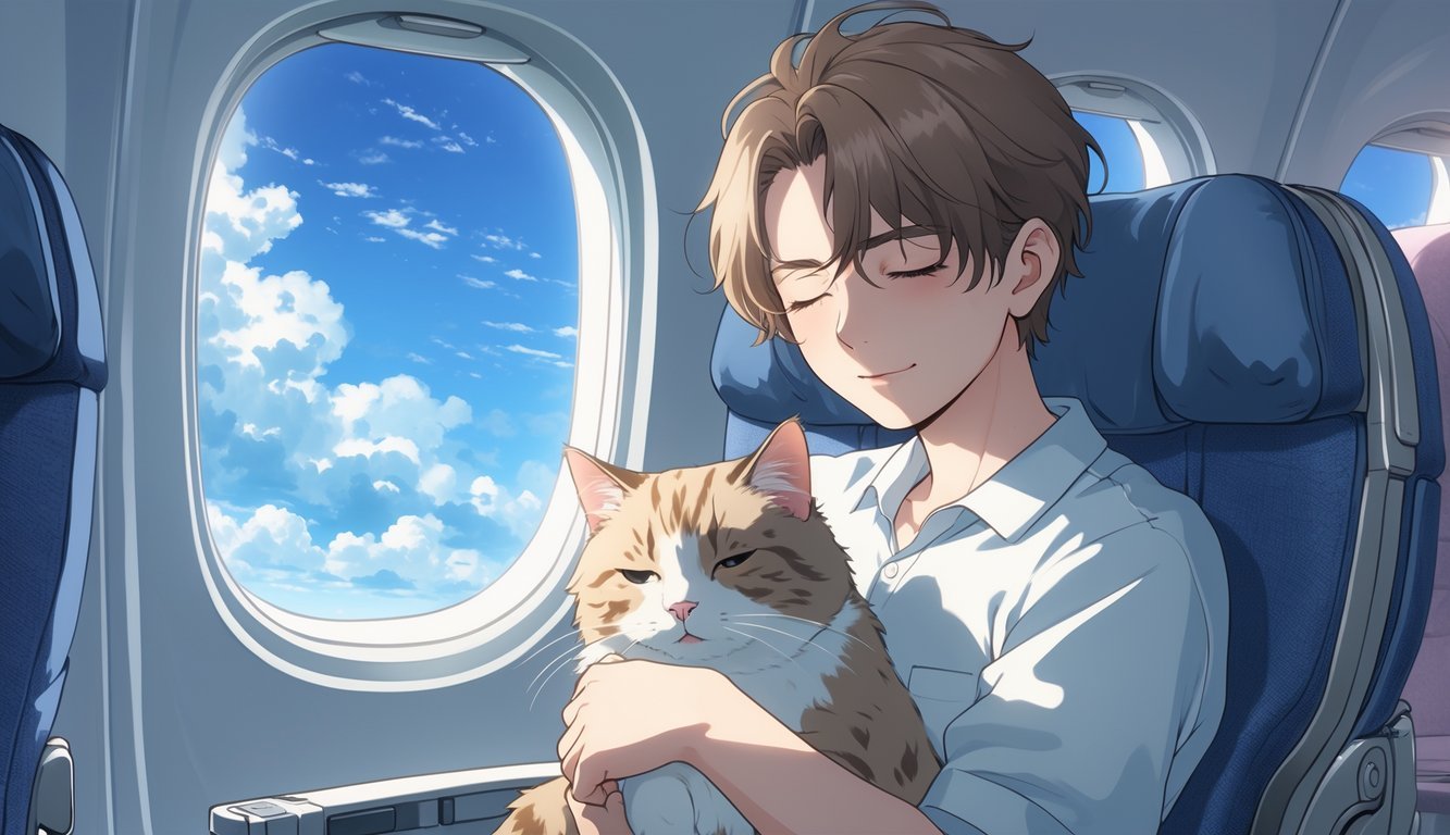 A person sitting by an airplane window holding a calm cat in their lap in a quiet and peaceful airplane cabin.