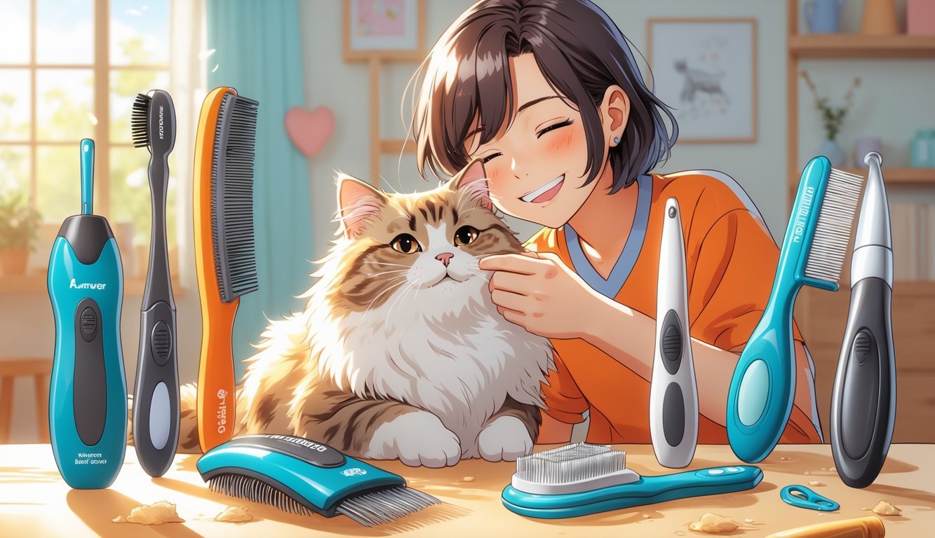 A person grooming a happy cat with several grooming tools in a bright, cozy room.