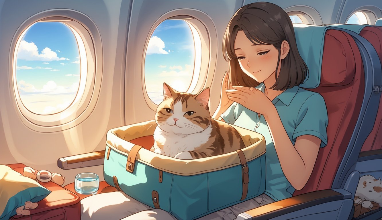 A young woman gently petting a relaxed cat inside an open carrier on an airplane, with sunlight coming through the window and a calm cabin atmosphere.