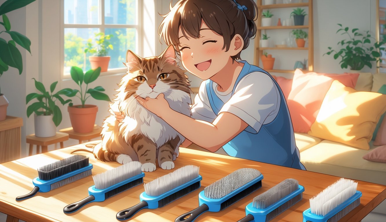 A person grooming a happy cat with a slicker brush in a bright, cozy room with grooming tools on a table nearby.