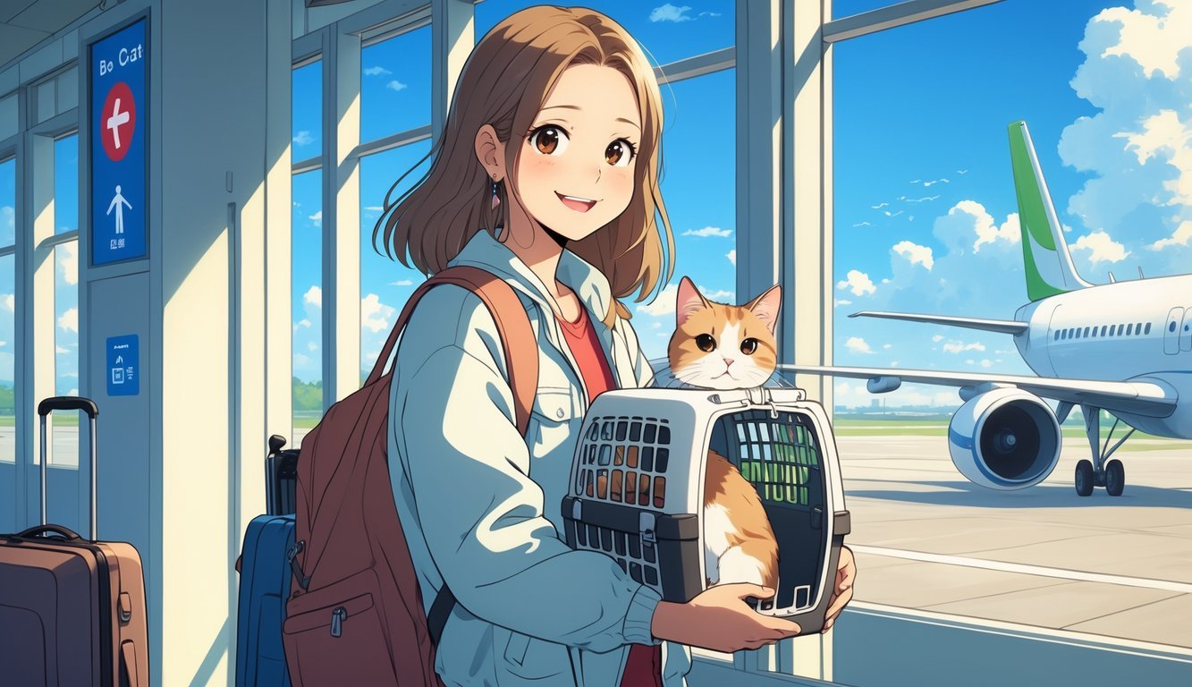 A young woman at an airport holding a cat inside a pet carrier, preparing to travel together.