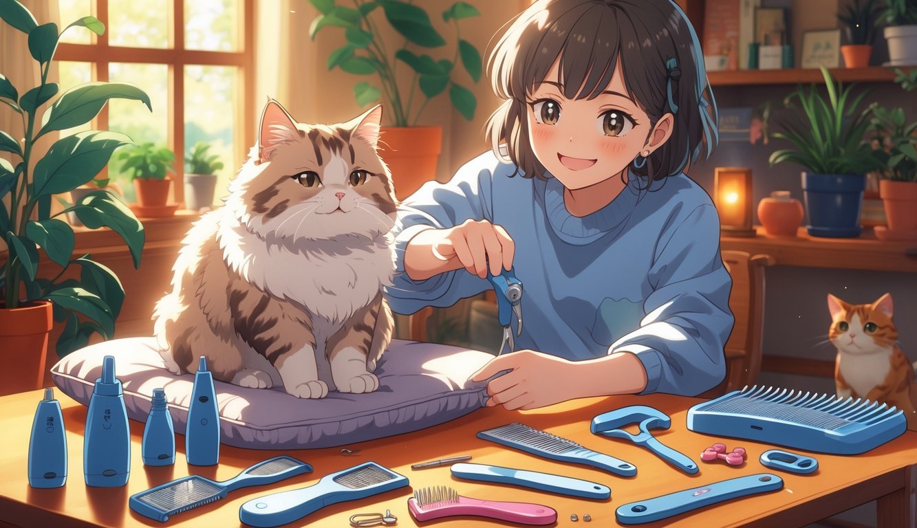 A person gently trimming a cat's nails indoors with grooming tools arranged nearby.