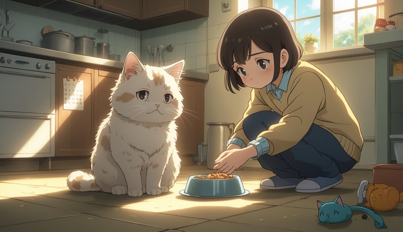 A young person comforting a small cat sitting beside an untouched bowl of food in a cozy kitchen.