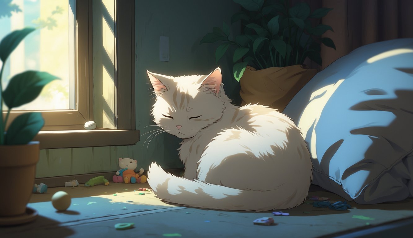 A small cat curled up alone in a quiet corner of a room, appearing withdrawn and resting.