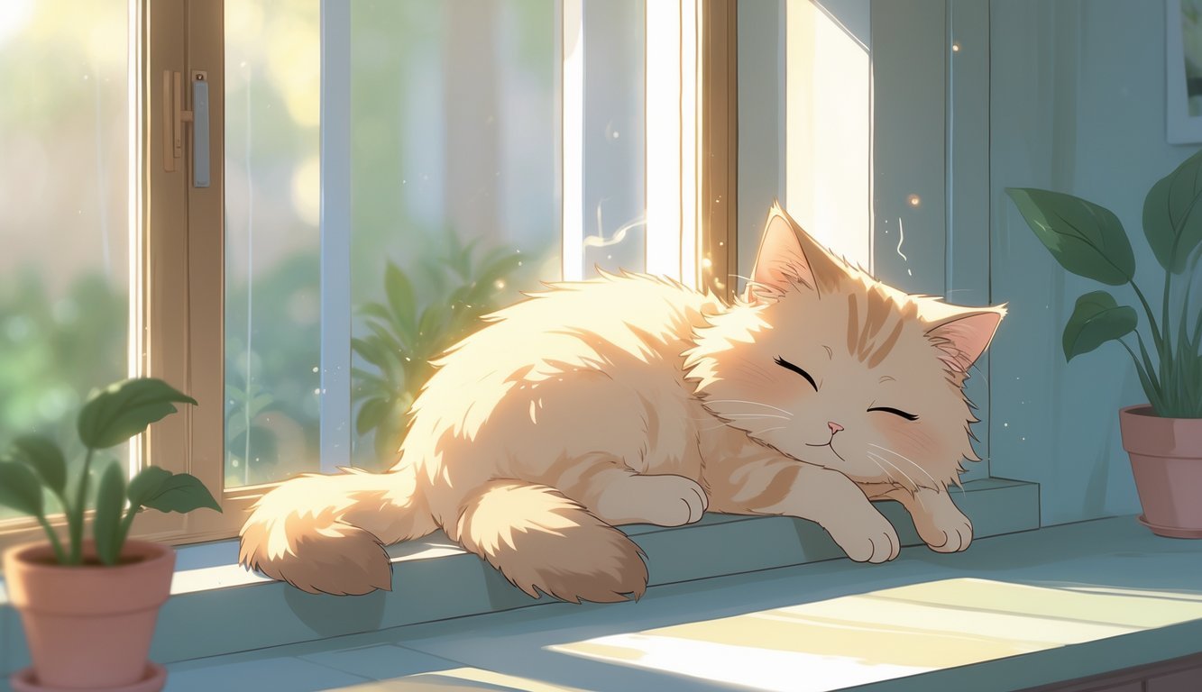A small cat resting quietly on a windowsill, looking tired and inactive in a calm indoor setting.