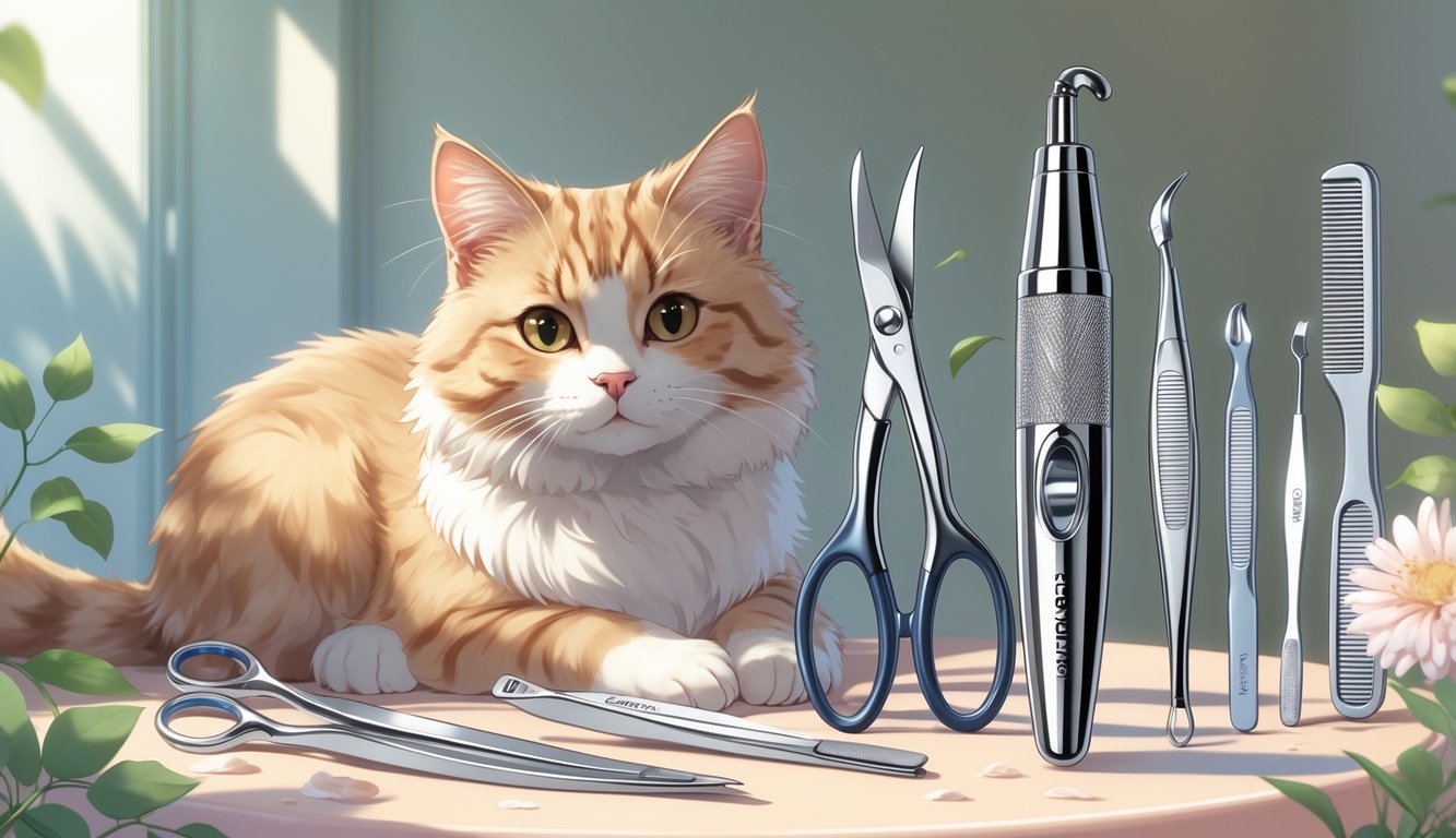 A cat sitting calmly next to a set of stainless steel grooming tools including a nail trimmer arranged neatly on a soft surface.