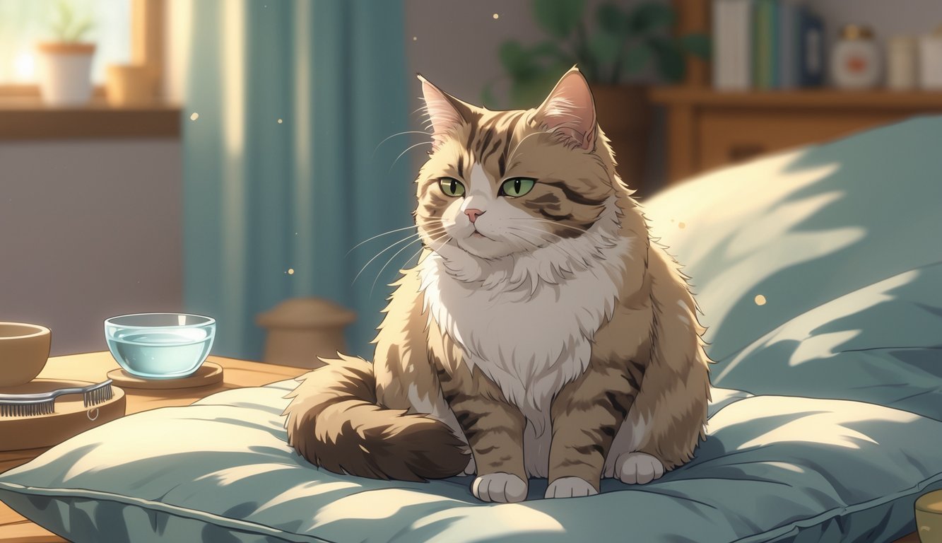 A cat sitting quietly on a cushion with uneven fur, showing signs of over-grooming and neglect, in a cozy indoor setting.